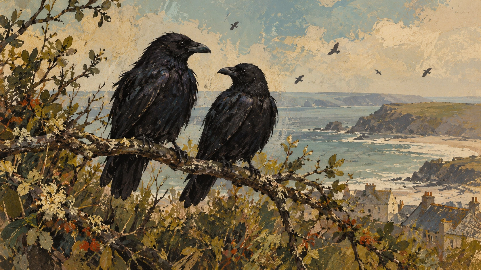 Two crows perched on a lichen-covered branch above a Cornish coastal village, with more crows flying over the sea.