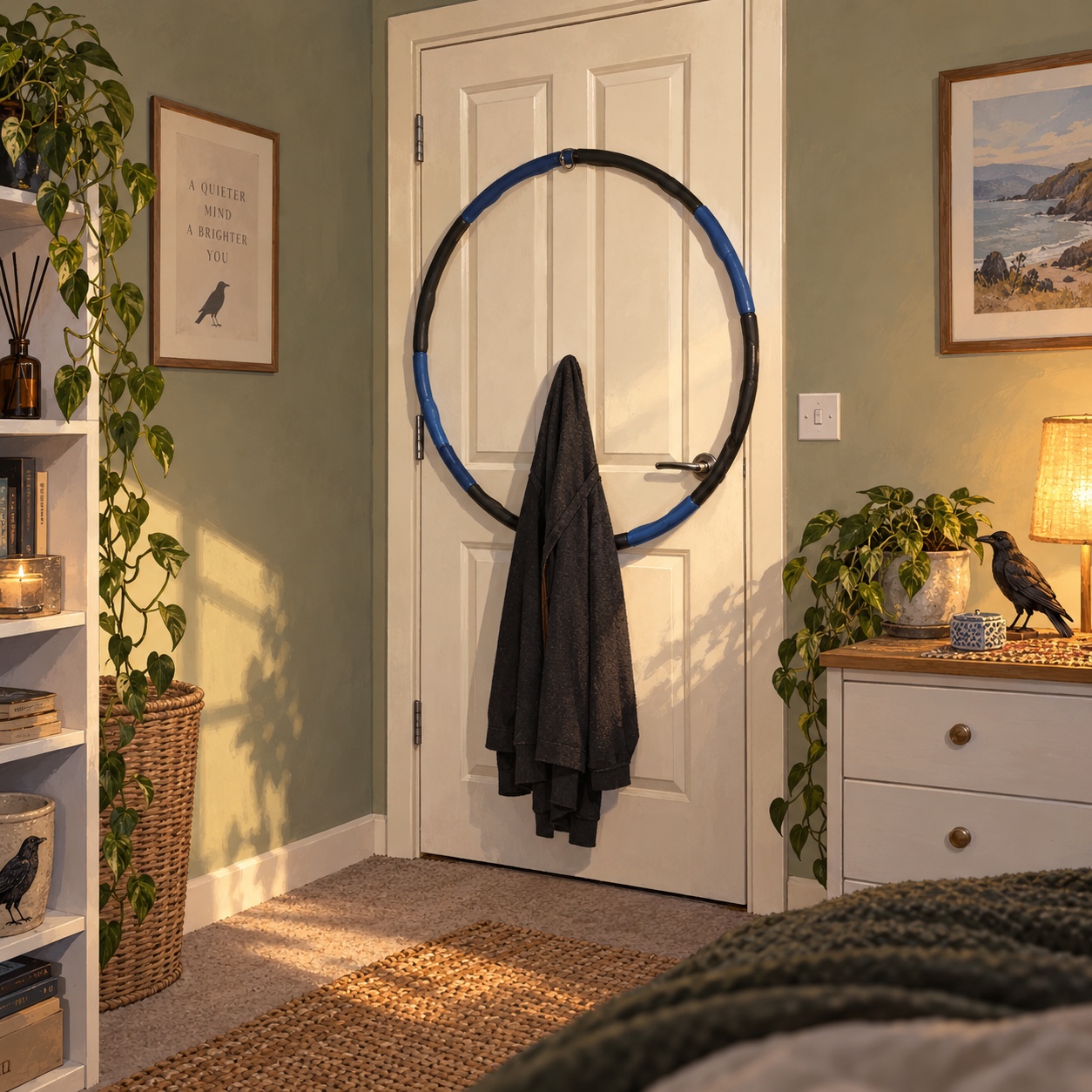 A blue and black weighted hula hoop hanging unused on a bedroom door.