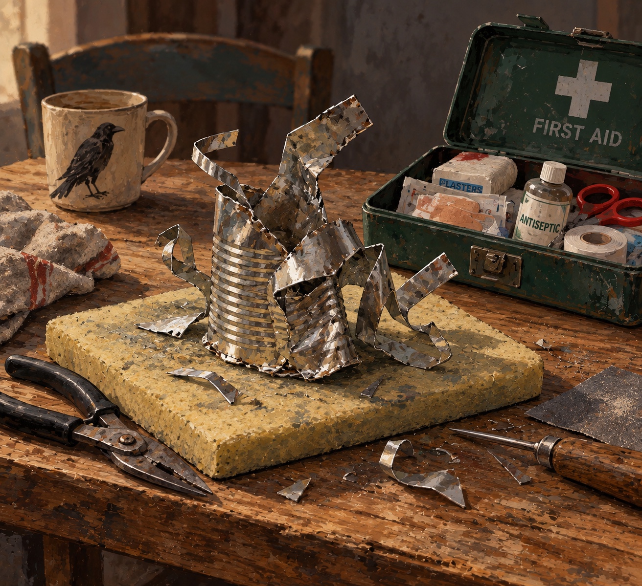 A shapeless cut-tin sculpture abandoned on a workshop pad beside an open first-aid kit.