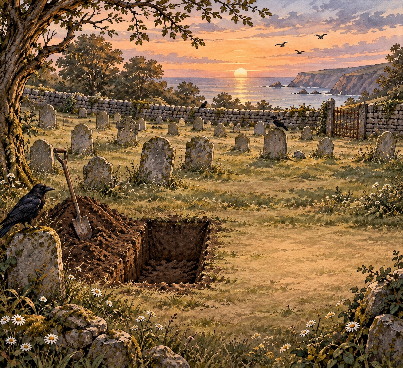 A coastal cemetery at sunset, with an open grave and clear ground to its right.