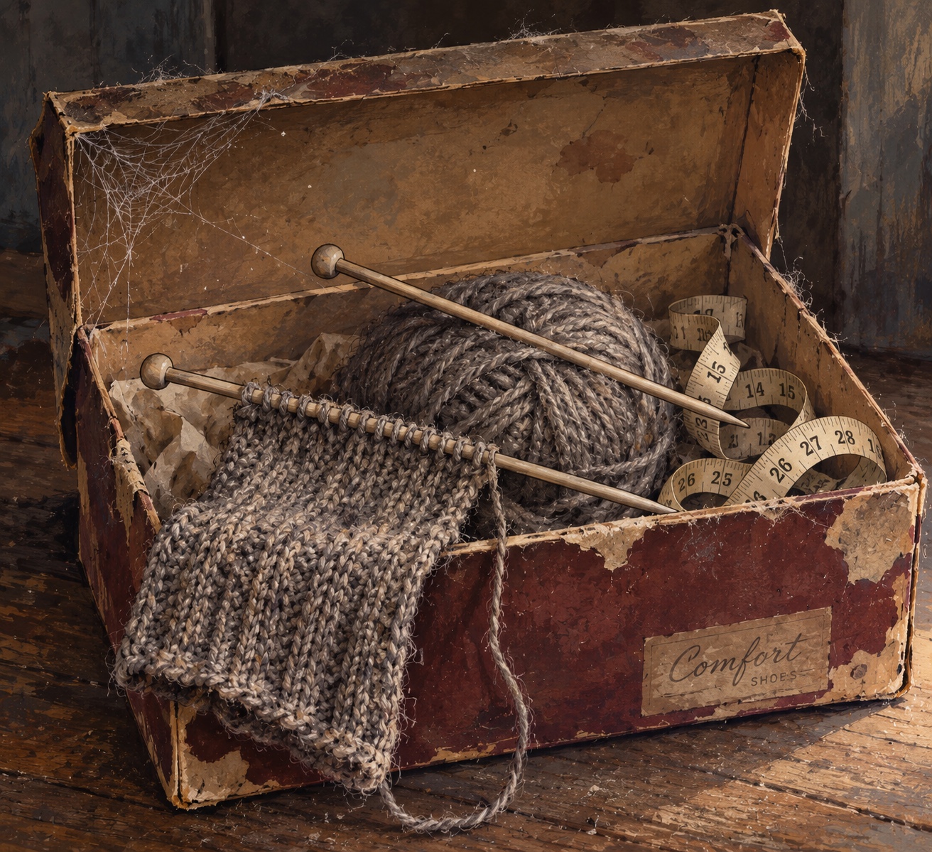 An unfinished grey knitted piece, wool, needles and a dressmaker’s tape abandoned in an old dusty shoebox.