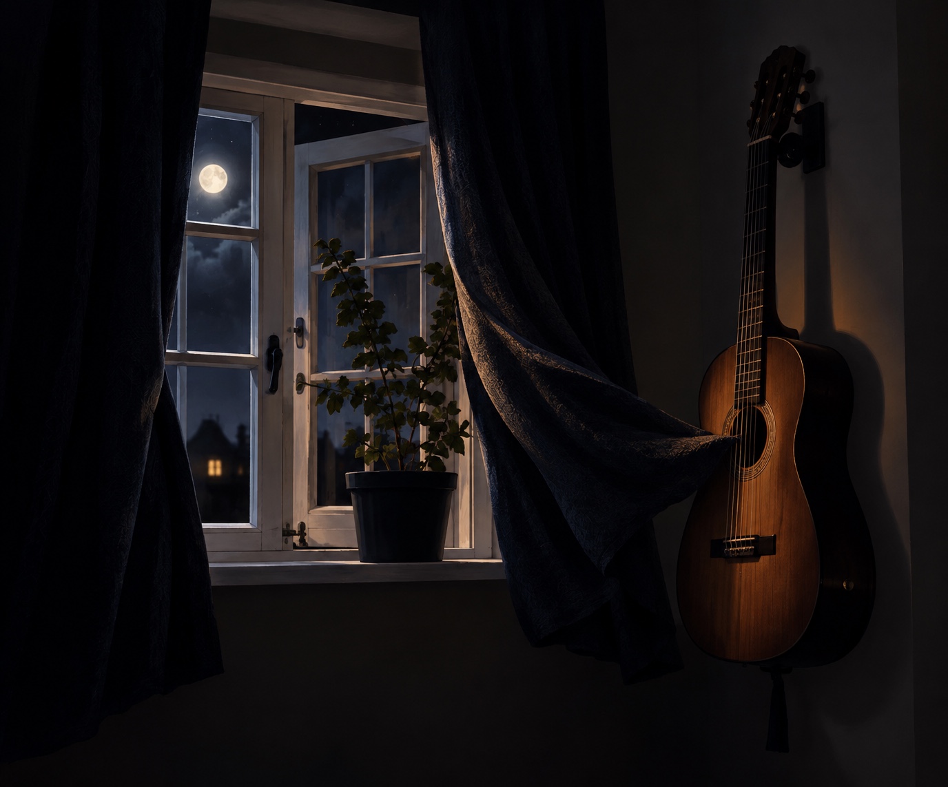 A guitar hanging beside an open moonlit window, with a curtain draped across its strings.