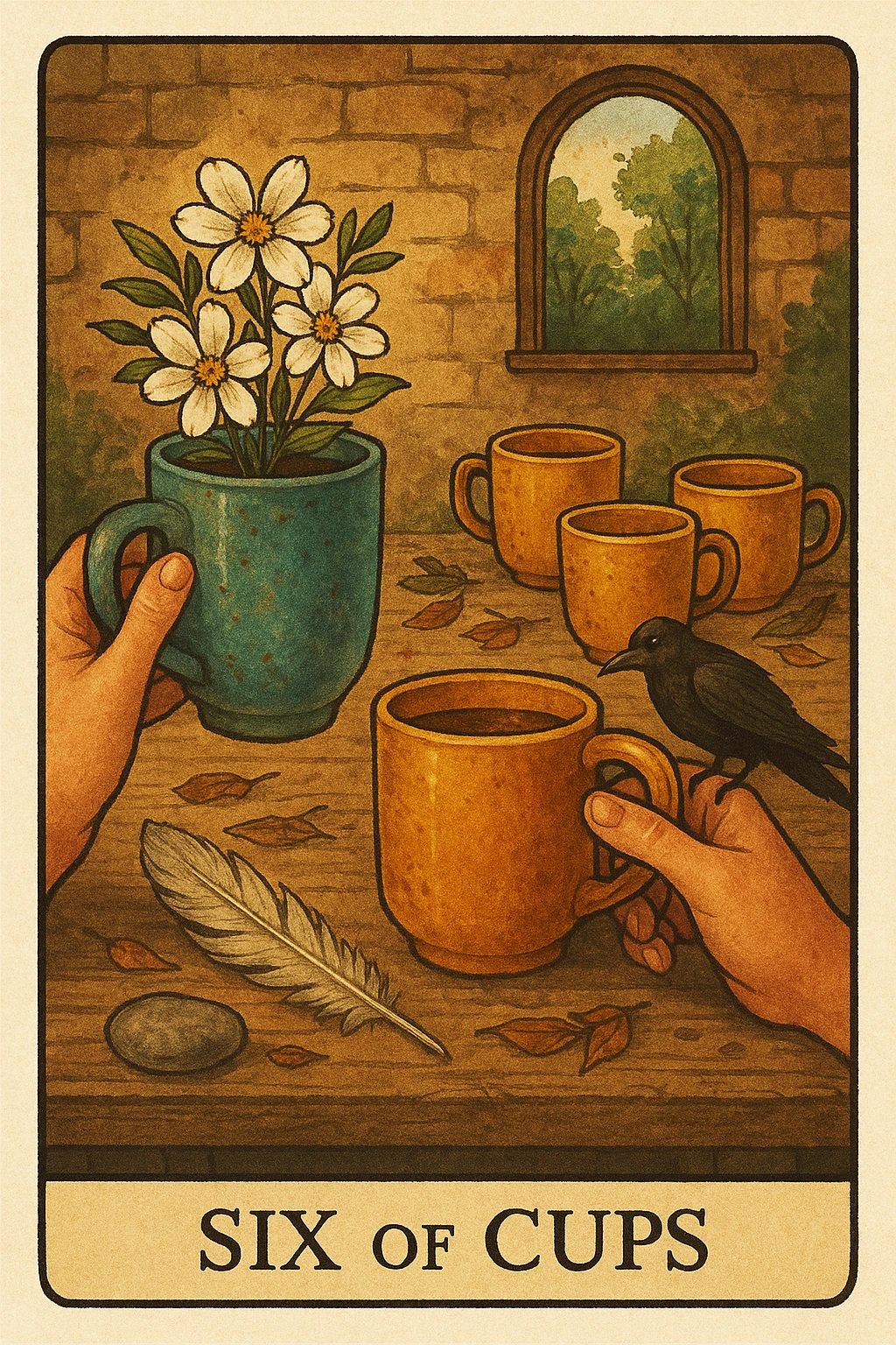 A vintage-style tarot card labelled Six of Cups, showing only five cups, white flowers and a black crow.