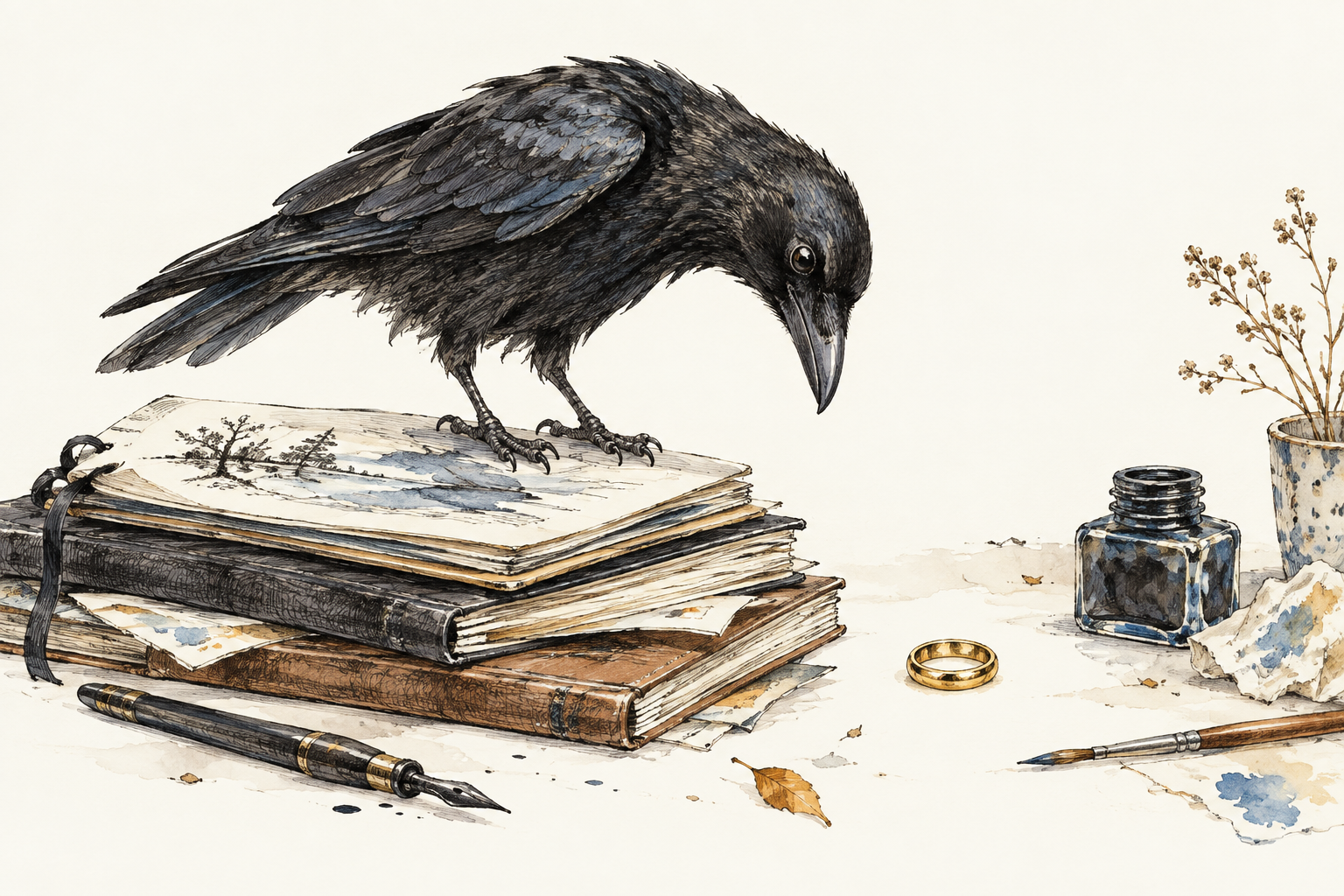 An inquisitive crow investigating a shiny ring on sketchbooks