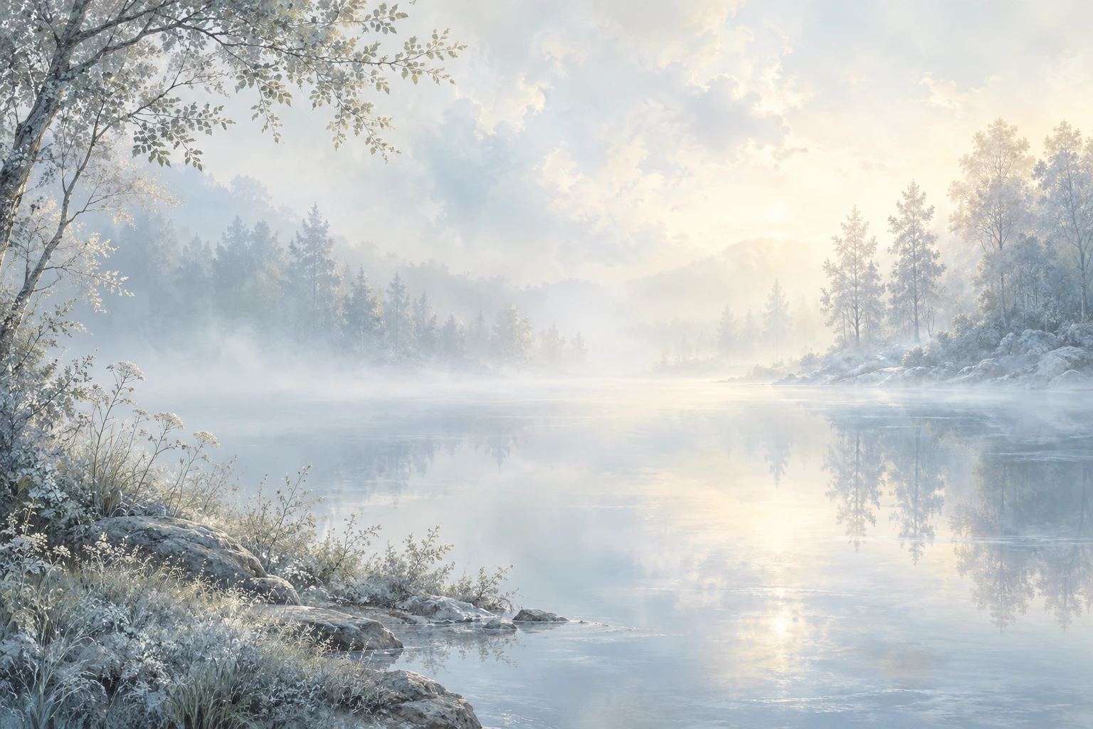 A figure watching ideas drift like bubbles above misty water
