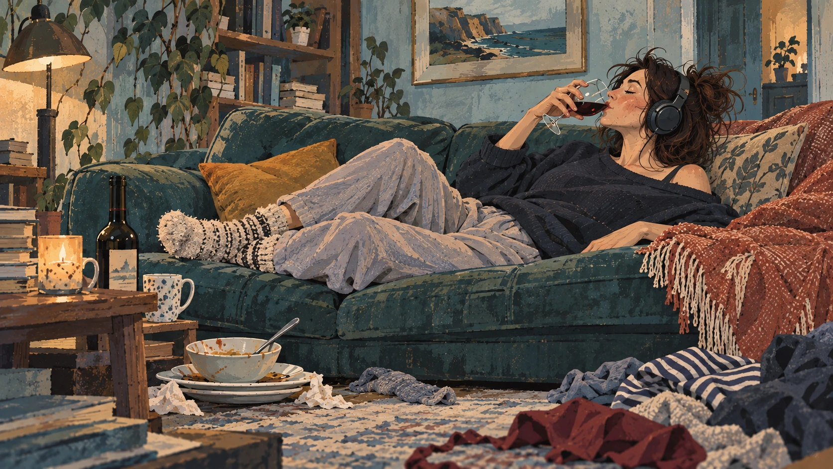 Irreverent Meh-ditations channel artwork: a painterly illustration of a woman lounging on a green sofa with headphones and a glass of red wine, surrounded by books, dirty dishes and discarded clothes.