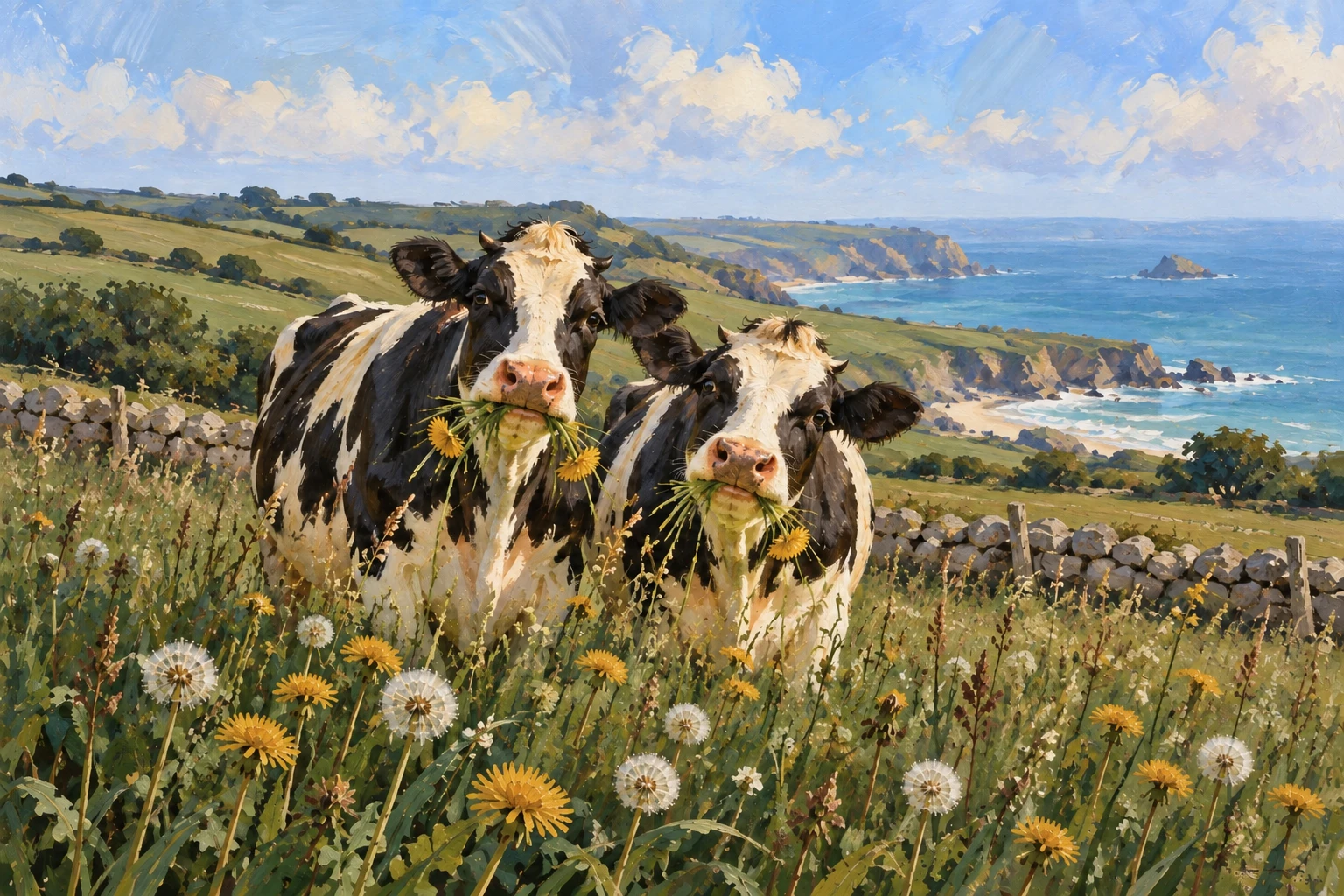 Two black-and-white cows chewing dandelions in a muted green meadow above the Cornish coast.