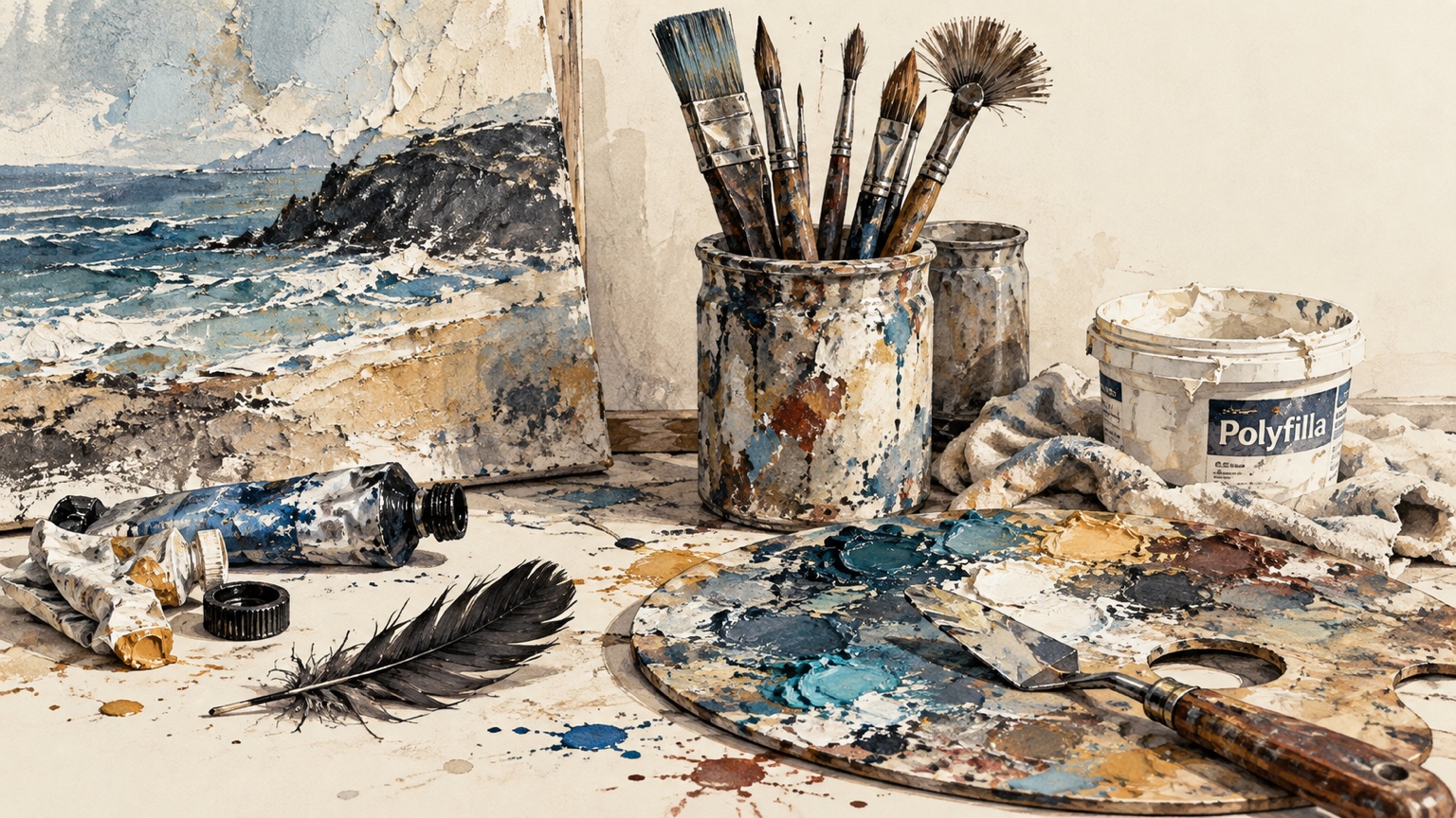 A paint-splattered studio table with brushes, palette and a coastal painting