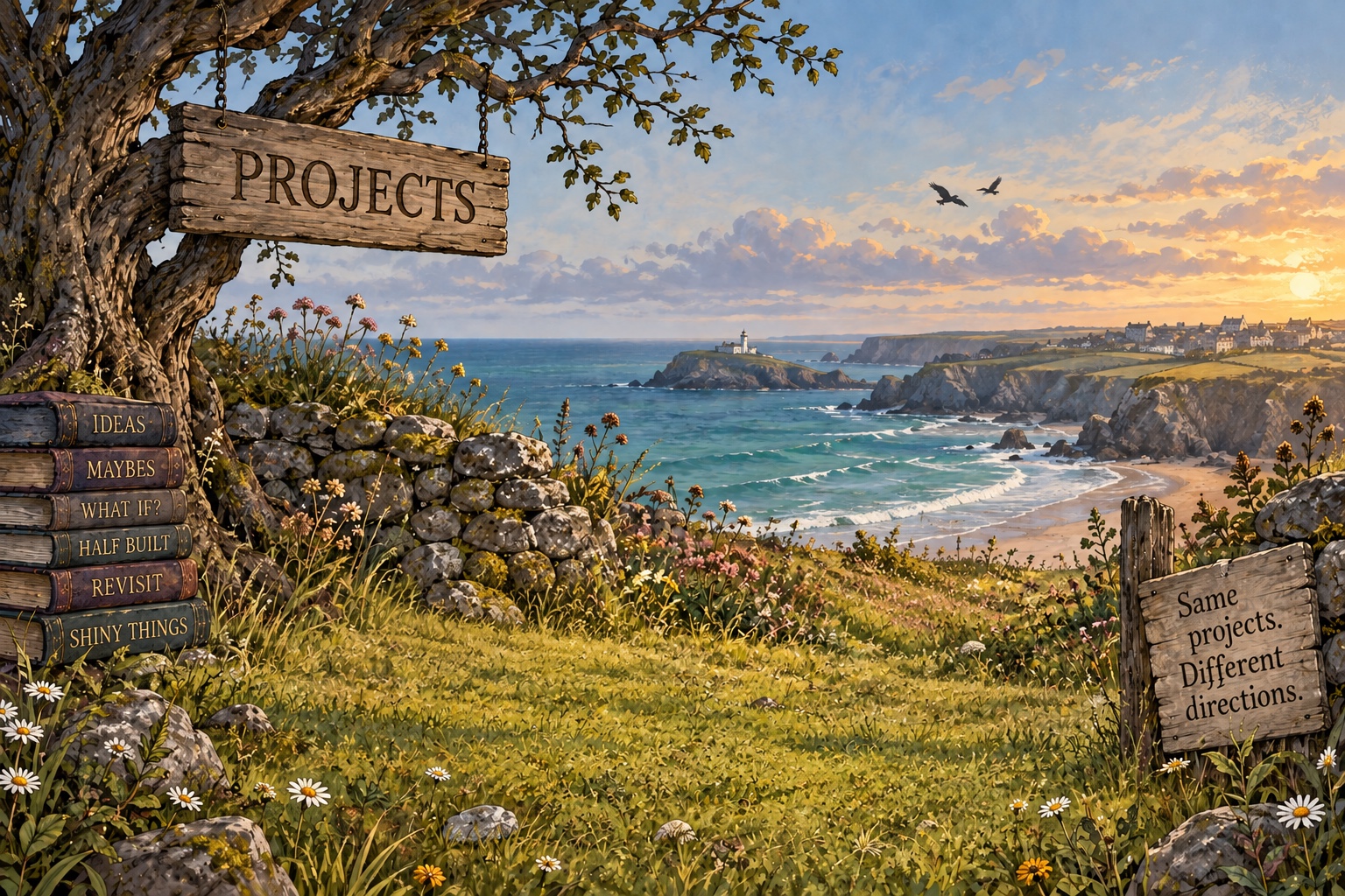 An illustrated Cornish coastal landscape with a Projects sign hanging from an old tree