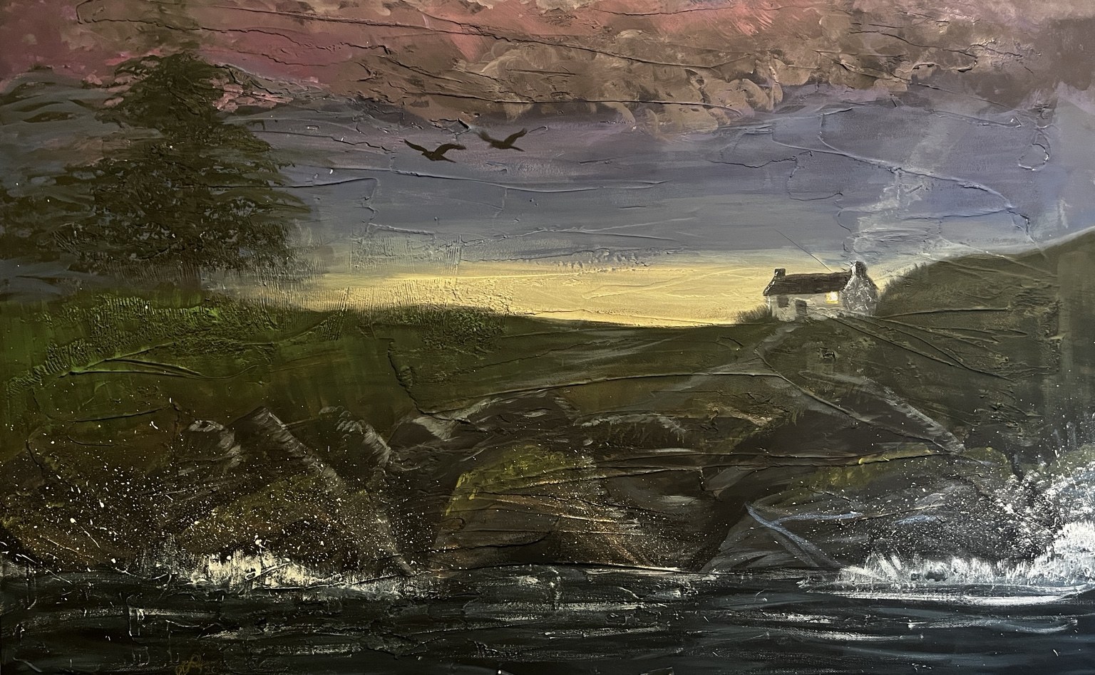 A stormy textured landscape with a white house, dark rocks, trees and birds beneath a bruised sky