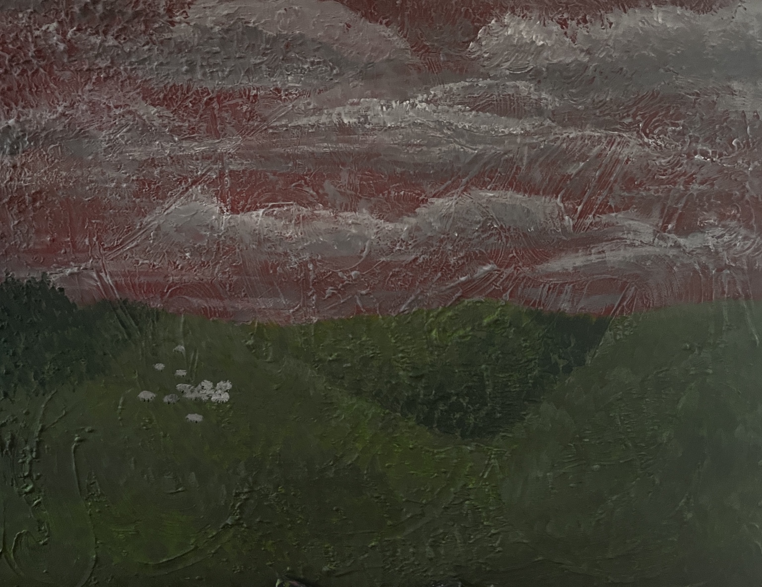 The latest stage of Shepherd’s Warning, with a heavily textured pink and grey sky above green fields and a small flock of white sheep