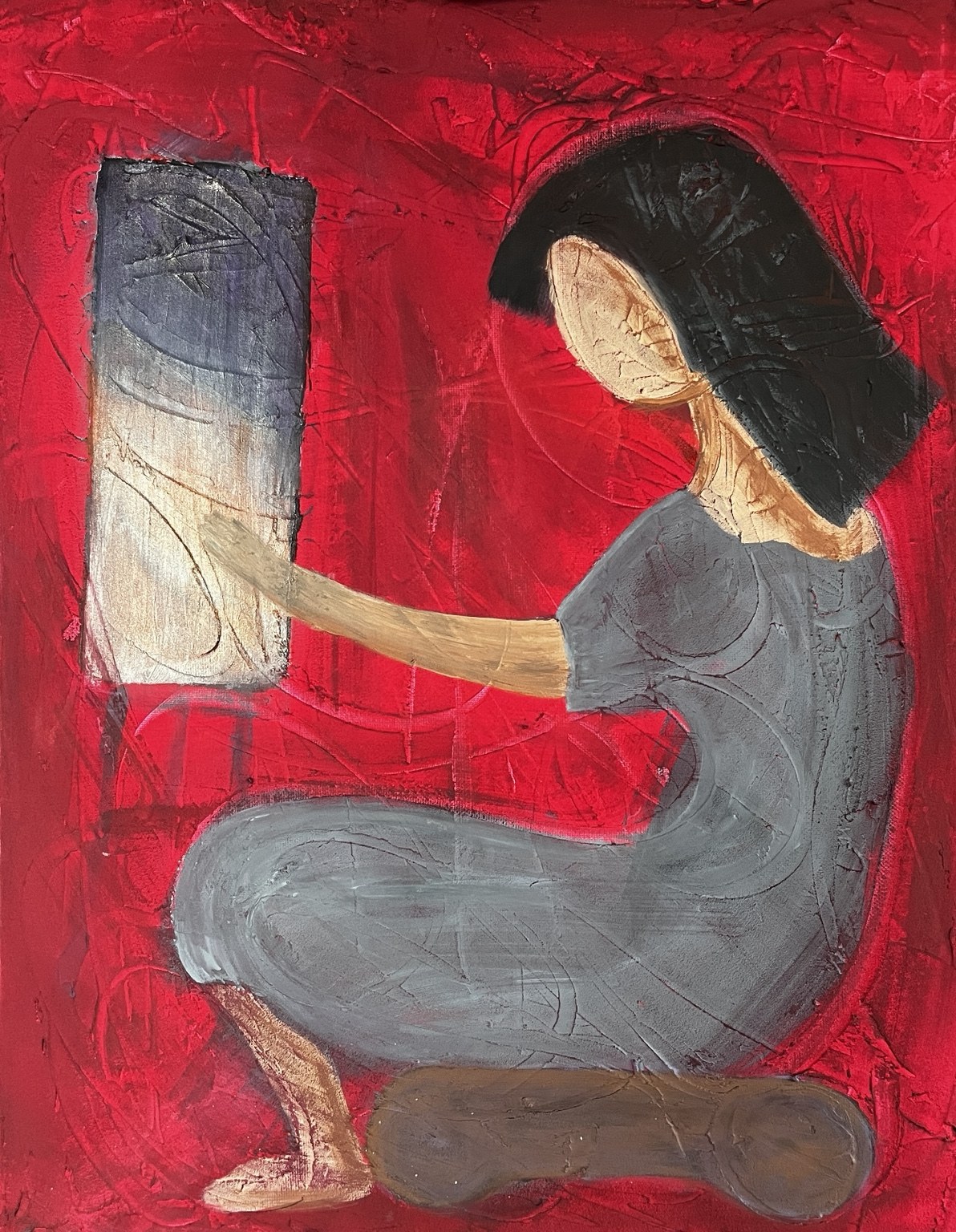 A textured red painting of a seated woman reaching towards a glowing screen