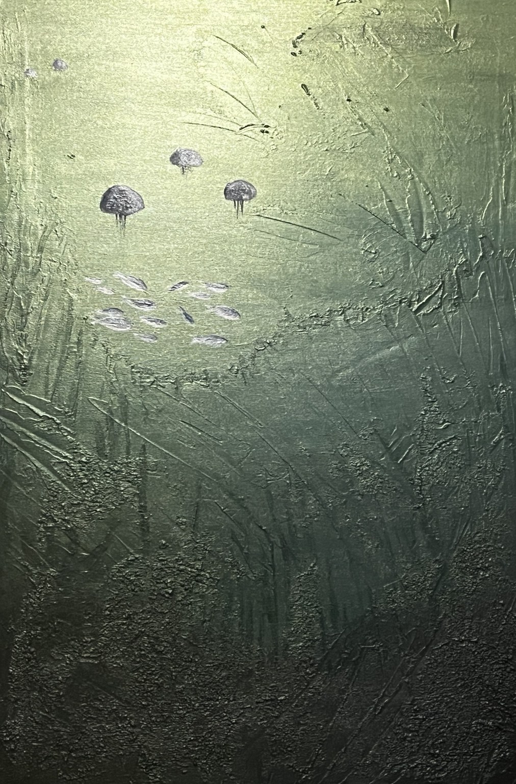 A green underwater painting with jellyfish emerging from deep textured water